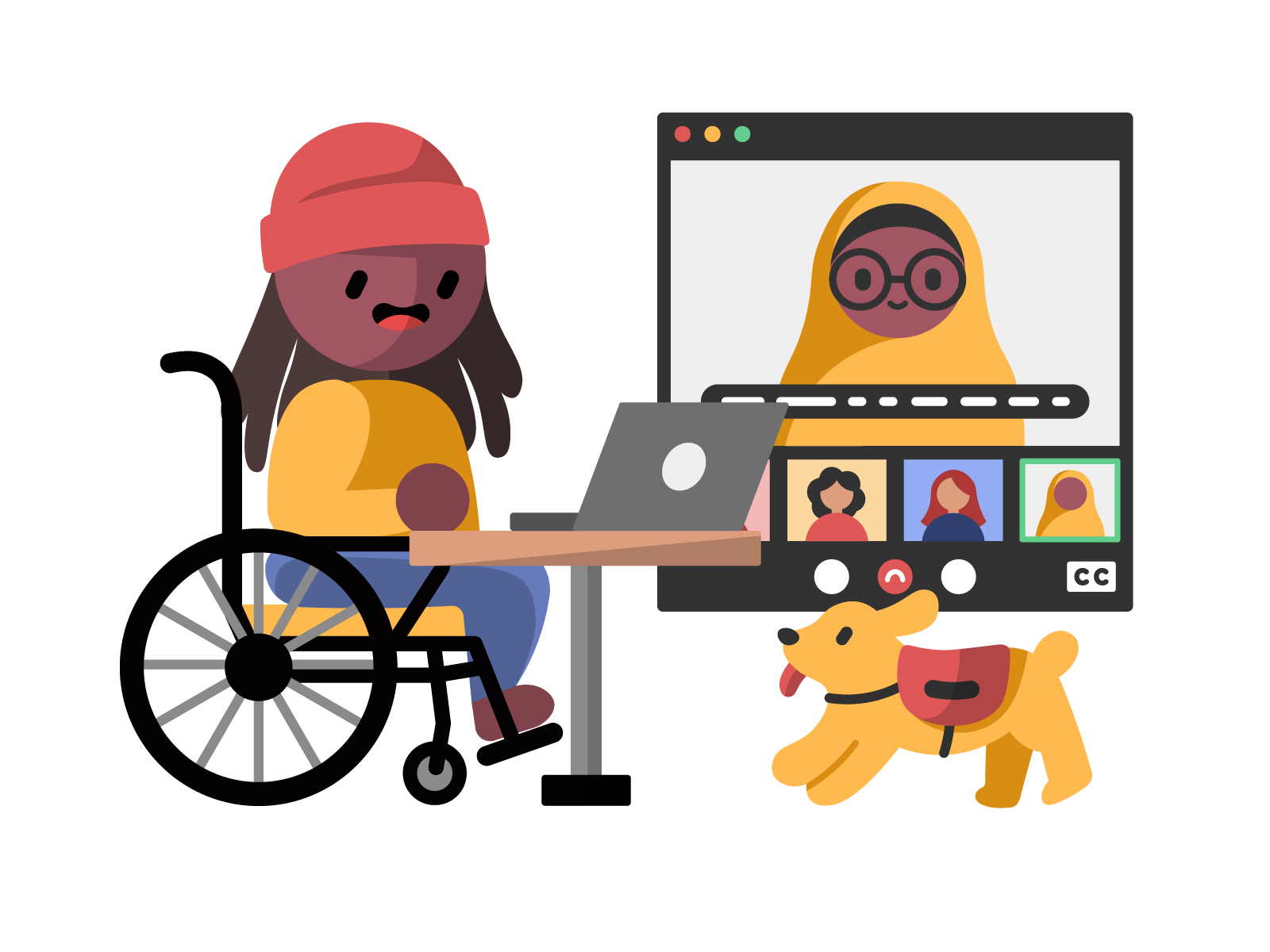 A dark skinned wheelchair user using a laptop to meet with a dark skinned person wearing a hijab and 3 others. A service dog is nearby.